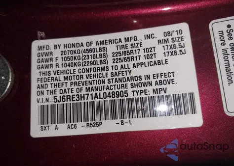 2010 Honda Cr-V Ex-L z USA, uszkodzony, nr VIN 5J6RE3H71AL048905